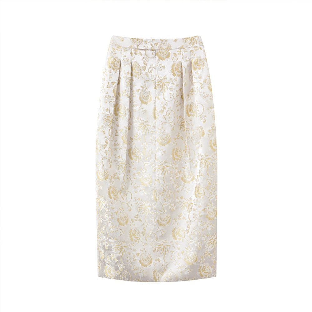Ruyi Lianyun Spring and Autumn New Double pleated Jacquard Half length Skirt for Women Retro New Chinese Style Back slit High waisted Flower Bud Skirt image 16