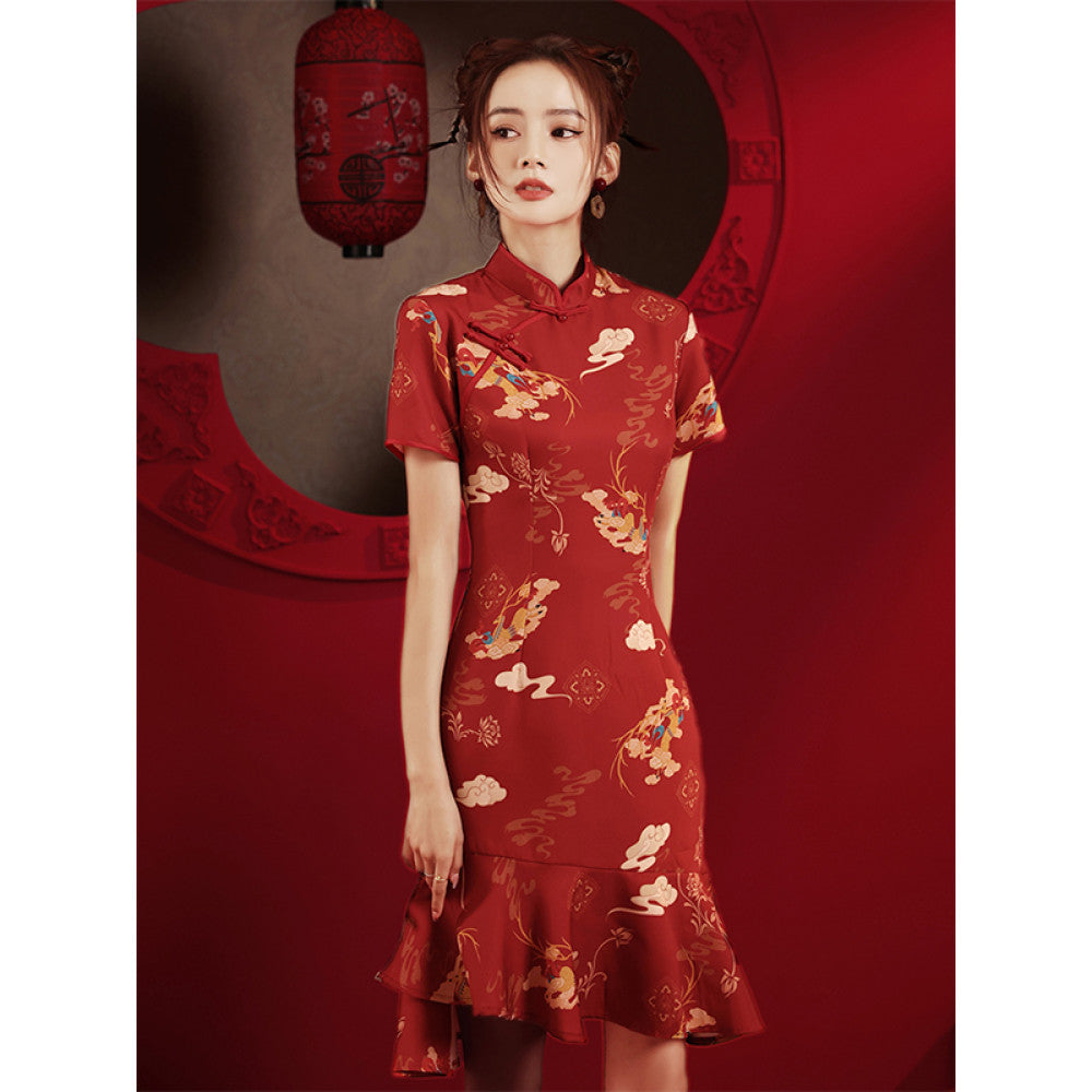 China Chic Qipao 2025 New Summer Style Young Red Modified Little Girl s Fish Tail Dress image 2