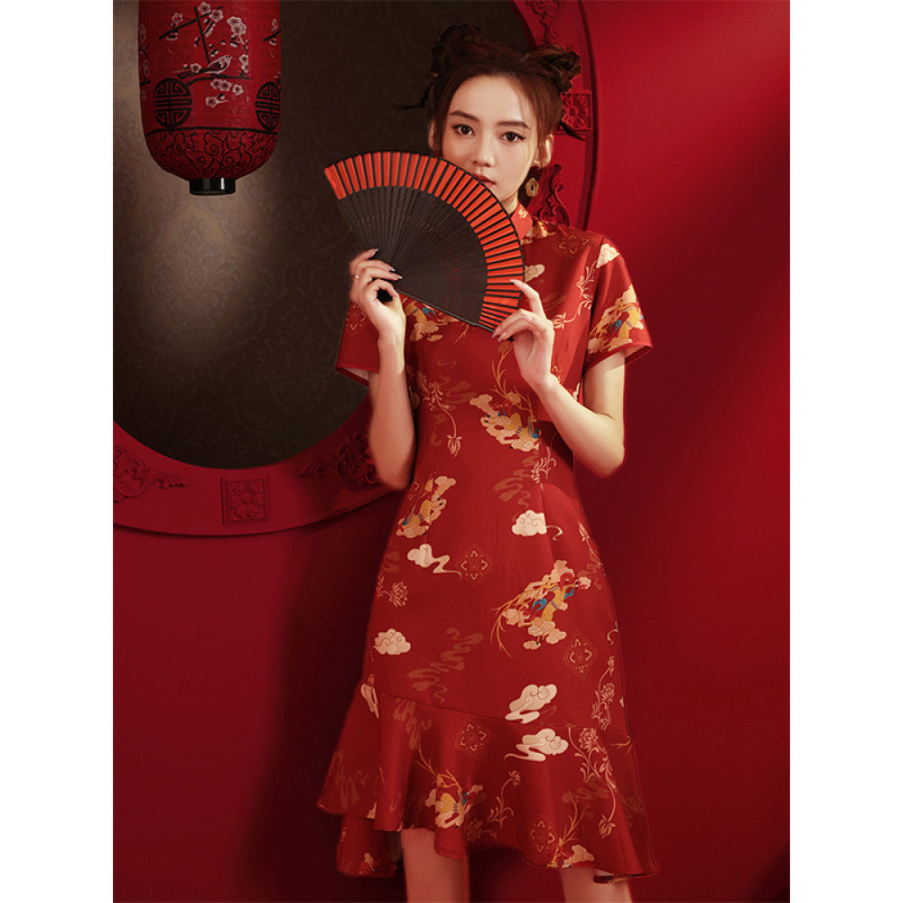 China Chic Qipao 2025 New Summer Style Young Red Modified Little Girl s Fish Tail Dress image 3