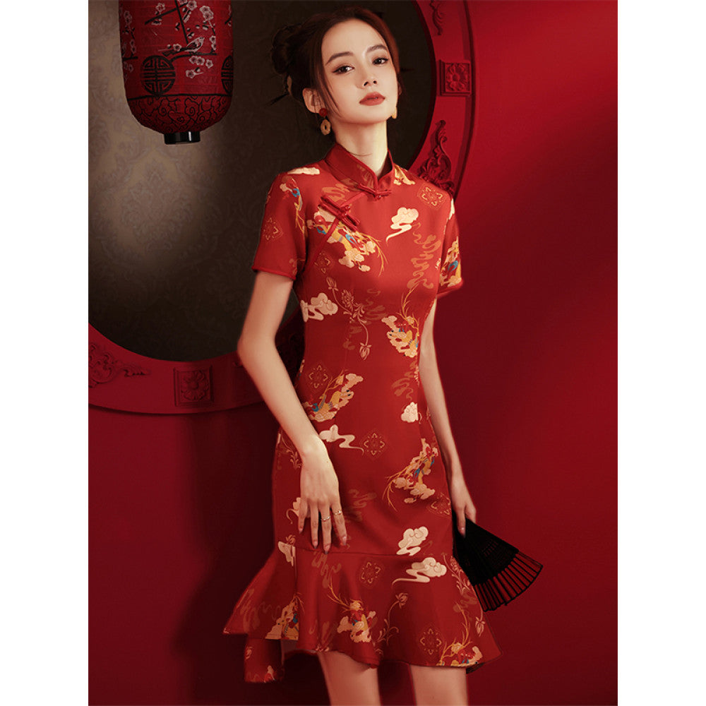 China Chic Qipao 2025 New Summer Style Young Red Modified Little Girl s Fish Tail Dress image 4