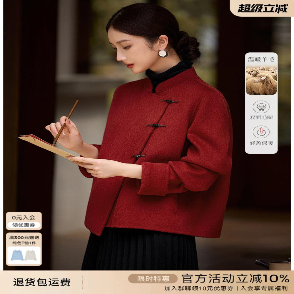 XWI Xinwei New Chinese style red double sided woolen coat for women s autumn and winter wedding dresses suitable for daily wear image 0