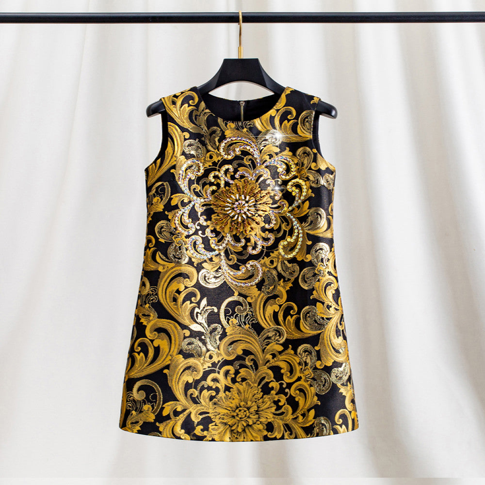 Heavy version Beaded sequins early autumn embroidered jacquard sleeveless dress female summer rich lady western style vest dress image 1