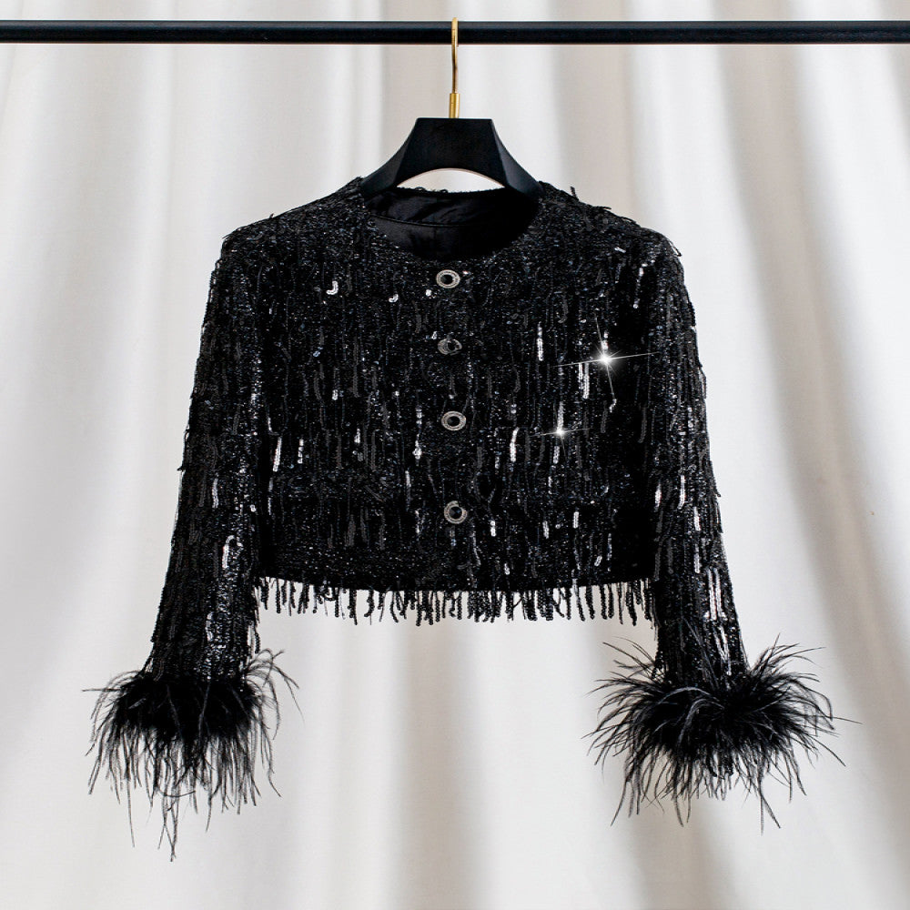 Ostrich feathers are removable sequined tassel French style lady Chanel style jacket for women autumn and winter long sleeves large size image 1