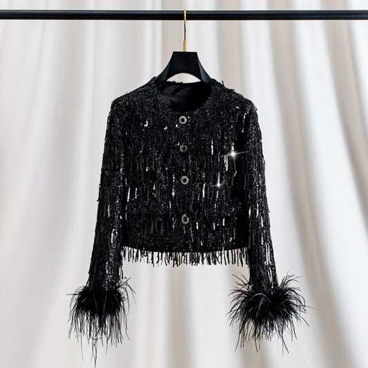 ASAYA3942 Dazzle in Elegance: Sequined Ostrich Feather Jacket 🖤
