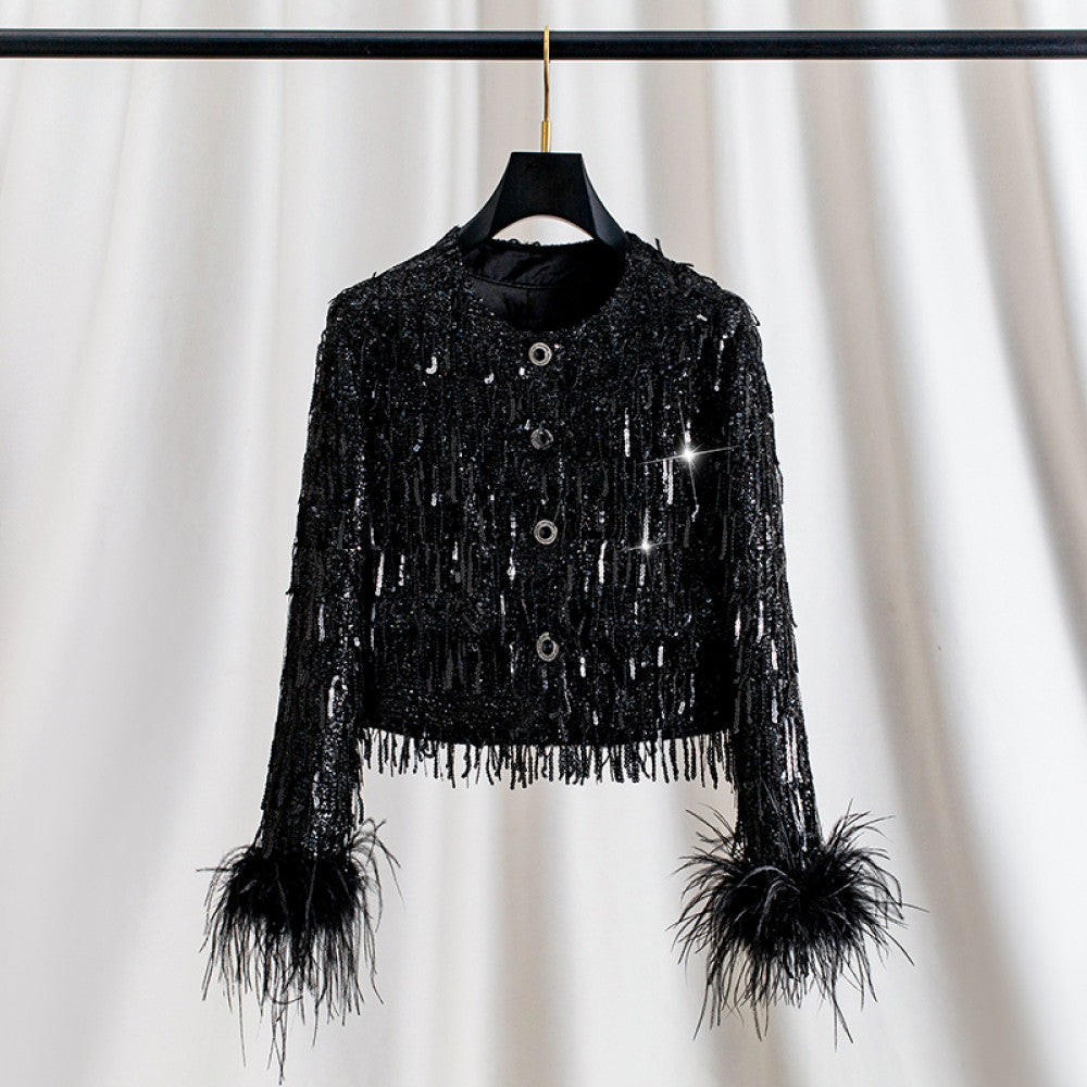 ASAYA3942 Dazzle in Elegance: Sequined Ostrich Feather Jacket 🖤