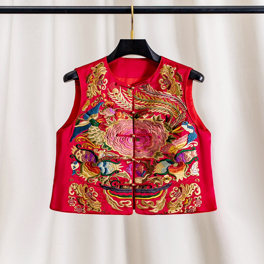 High grade red new Chinese style embroidered acetate vest for women to wear as a loose and lazy Spring Festival greeting dress for mothers image 1