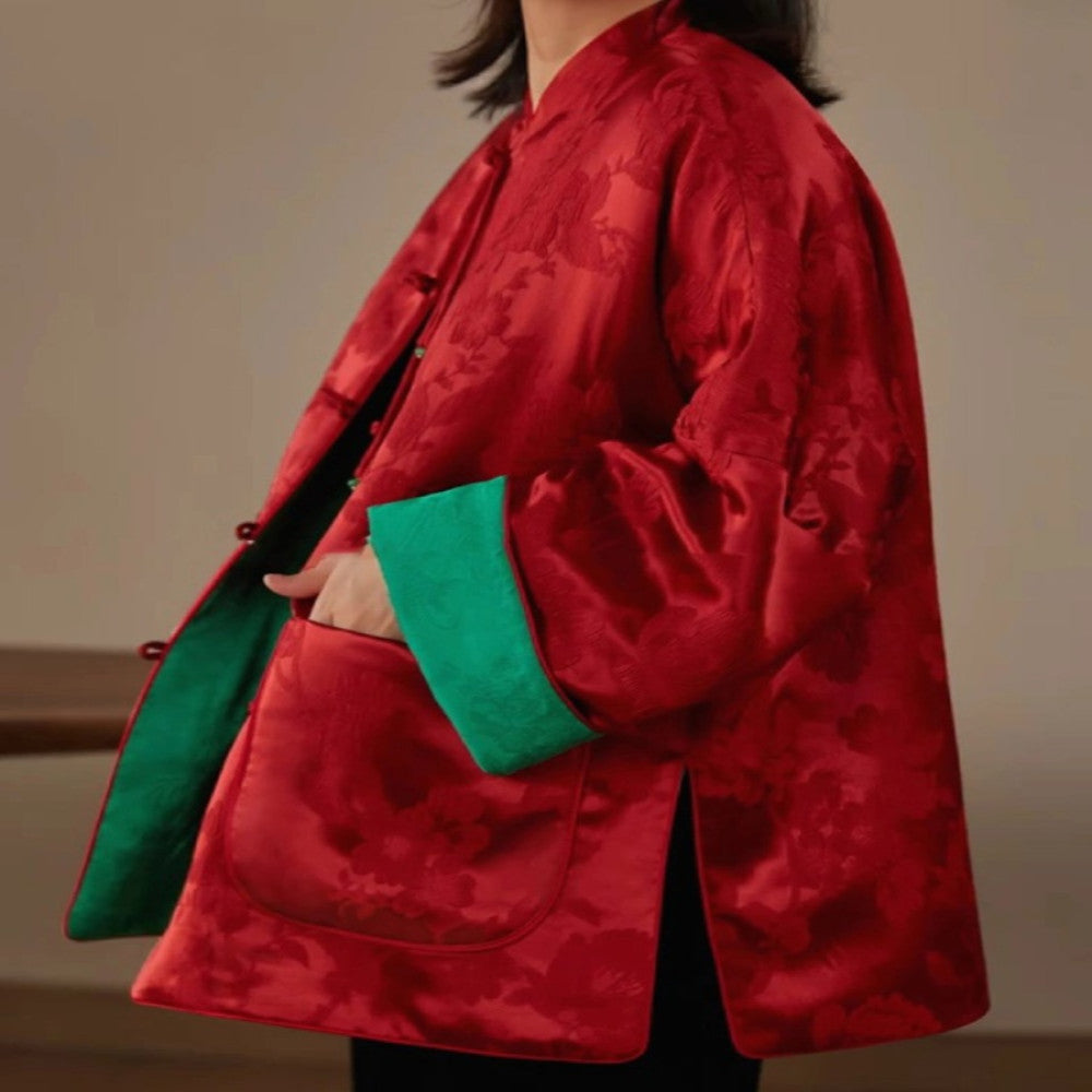 2025 Autumn New Year s Robe New Chinese style Improved Tang style Top Wide Pine New Year s Coat Pan Button Red Split Coat image 1