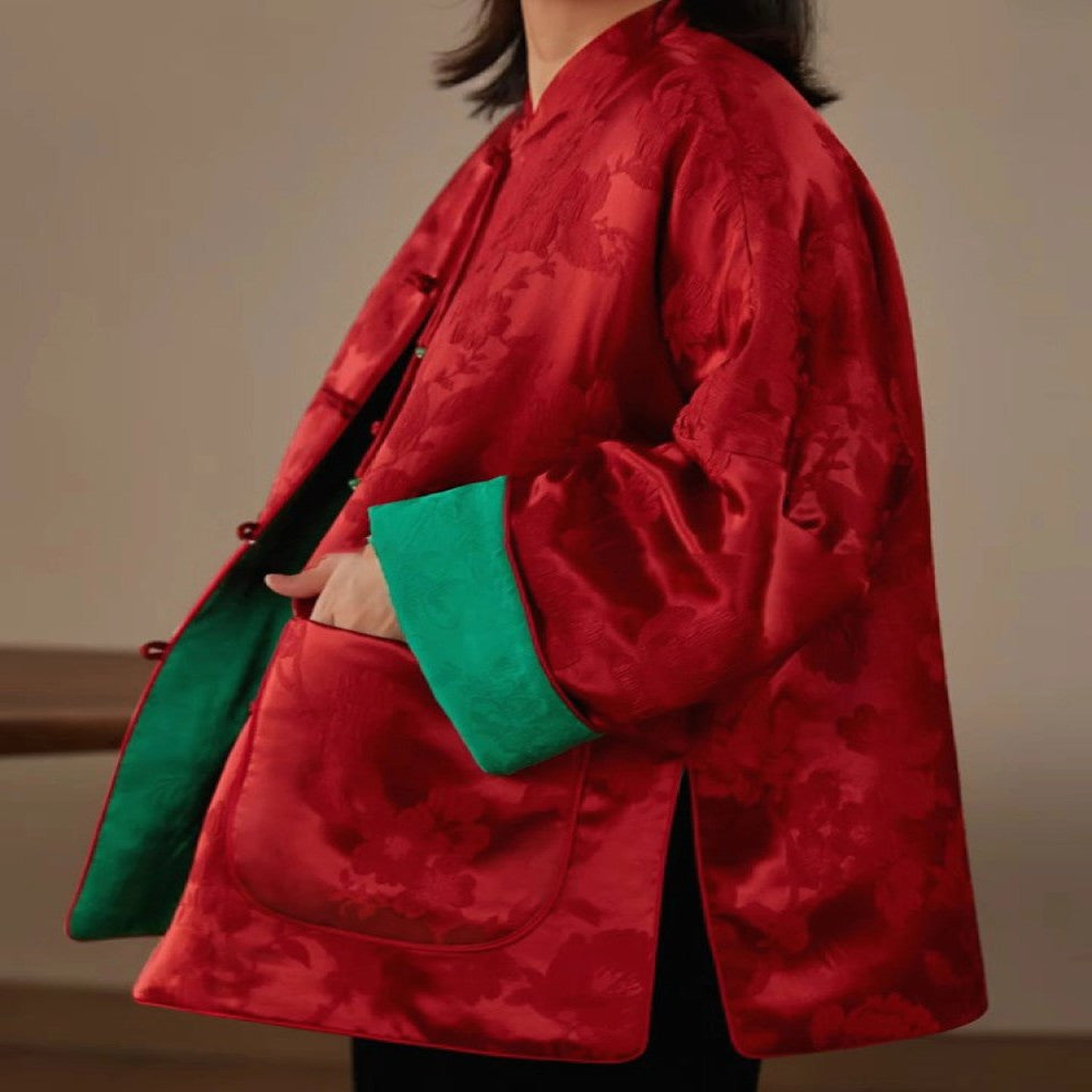2025 Autumn New Year s Robe New Chinese style Improved Tang style Top Wide Pine New Year s Coat Pan Button Red Split Coat image 8