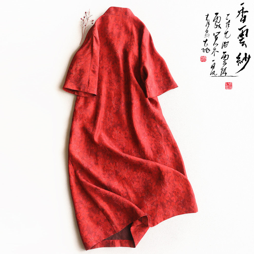 Yunshu original flower Luo Xiangyun yarn mid length skirt red new Chinese style happy mother loose silk dress A line skirt image 2