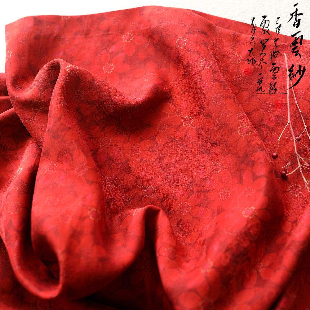 Yunshu original flower Luo Xiangyun yarn mid length skirt red new Chinese style happy mother loose silk dress A line skirt image 4