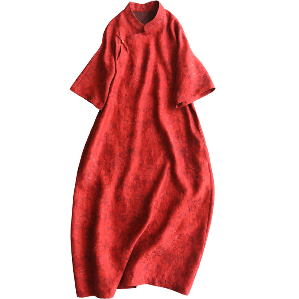 Yunshu original flower Luo Xiangyun yarn mid length skirt red new Chinese style happy mother loose silk dress A line skirt image 5