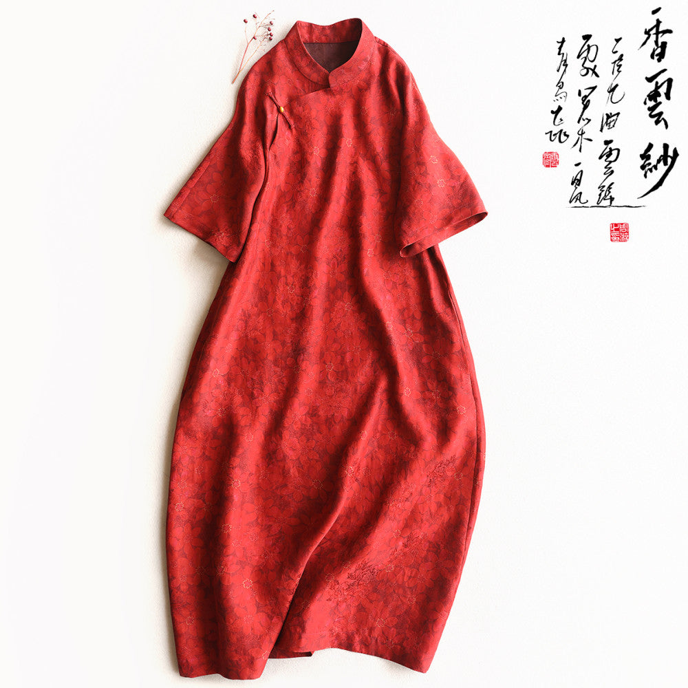 Yunshu original flower Luo Xiangyun yarn mid length skirt red new Chinese style happy mother loose silk dress A line skirt image 6