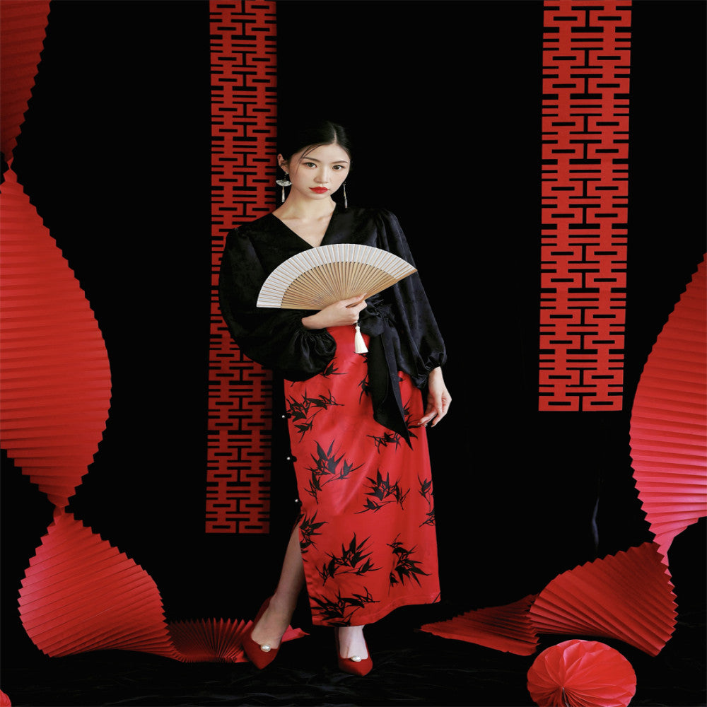 Moye New Chinese Style Bamboo Bank Red Engagement Wedding High Waist Slim Hip Retro Button Slit Skirt image 0