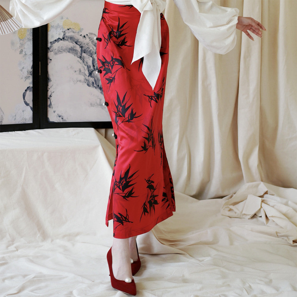 Moye New Chinese Style Bamboo Bank Red Engagement Wedding High Waist Slim Hip Retro Button Slit Skirt image 11