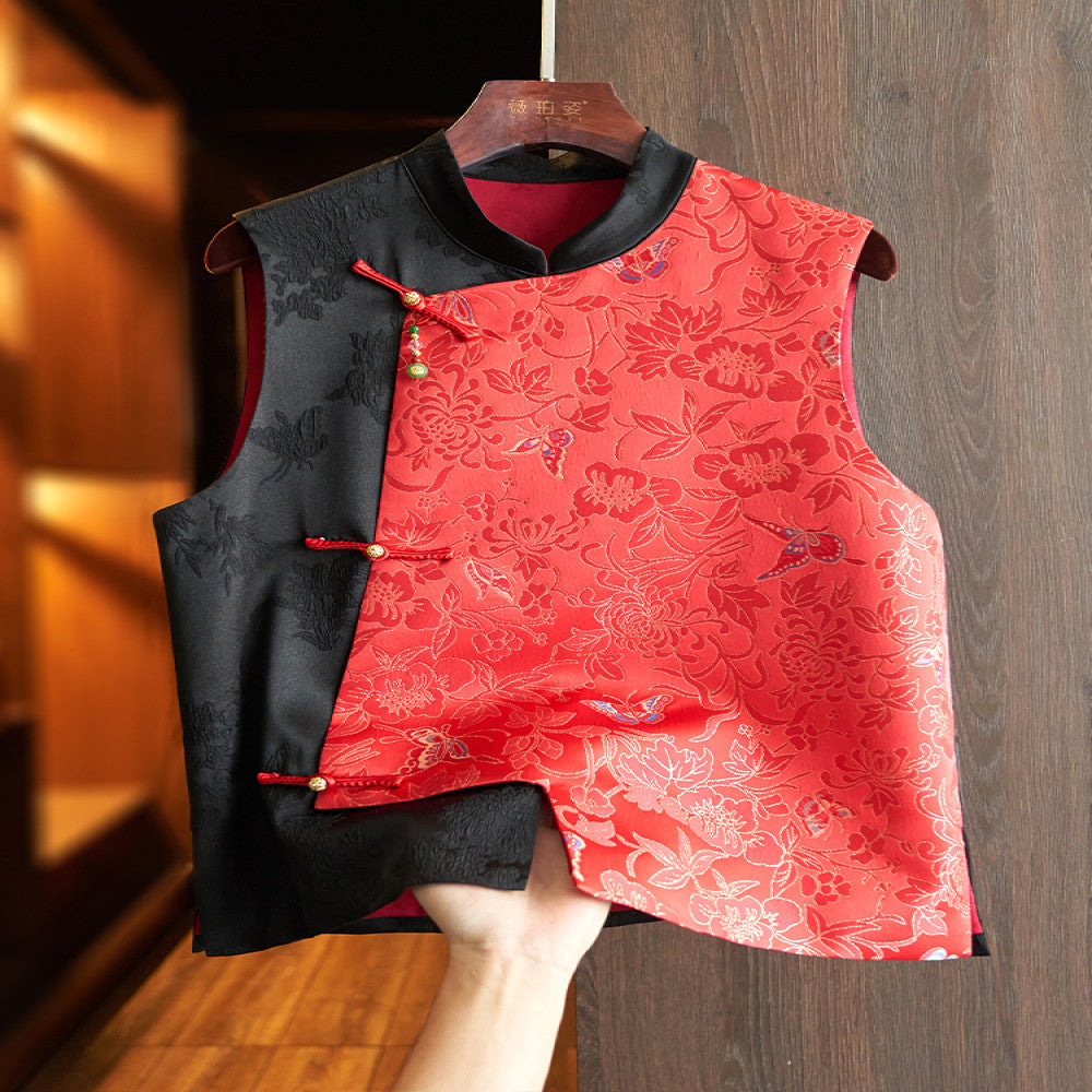 Red high end silk new Chinese style vest vest women s retro national trend gold thread jacquard mulberry silk layered top image 1