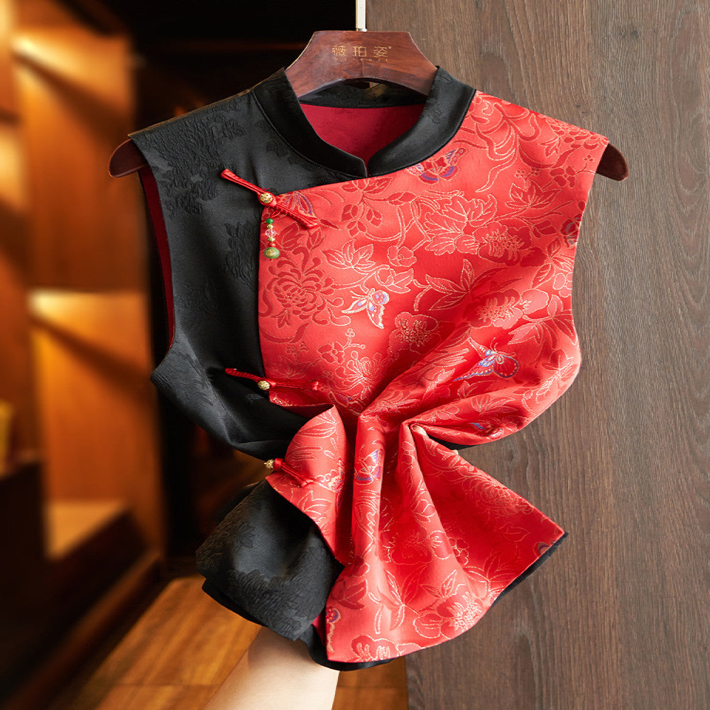 Red high end silk new Chinese style vest vest women s retro national trend gold thread jacquard mulberry silk layered top image 2