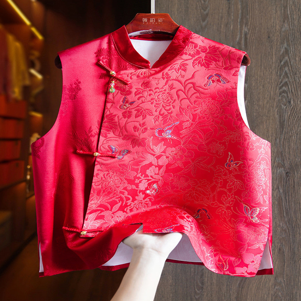 Red high end silk new Chinese style vest vest women s retro national trend gold thread jacquard mulberry silk layered top image 3
