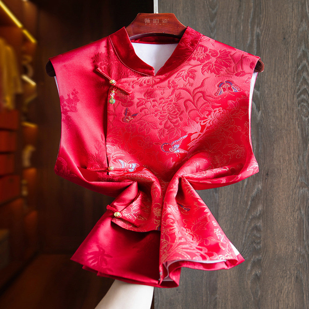 Red high end silk new Chinese style vest vest women s retro national trend gold thread jacquard mulberry silk layered top image 4