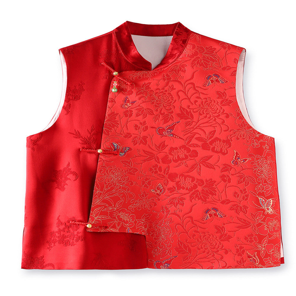 Red high end silk new Chinese style vest vest women s retro national trend gold thread jacquard mulberry silk layered top image 5