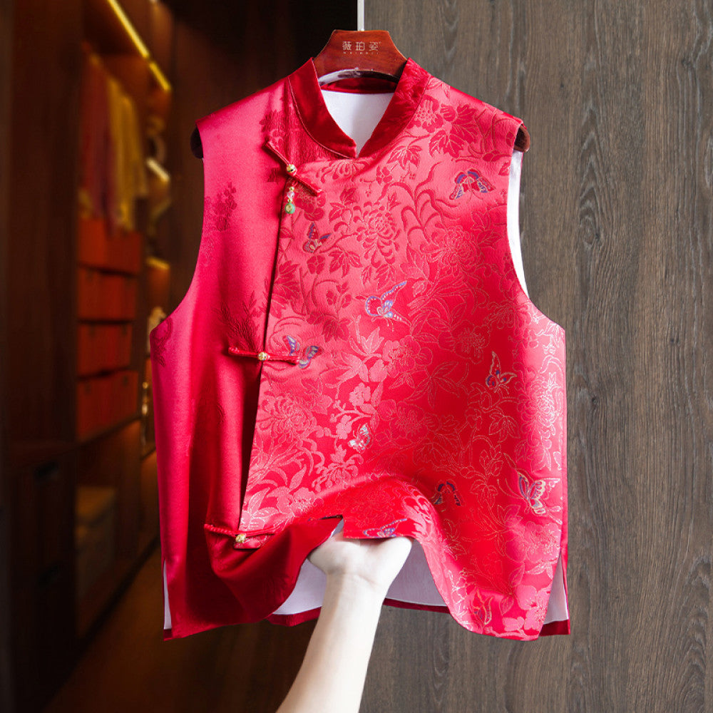 Red high end silk new Chinese style vest vest women s retro national trend gold thread jacquard mulberry silk layered top image 12