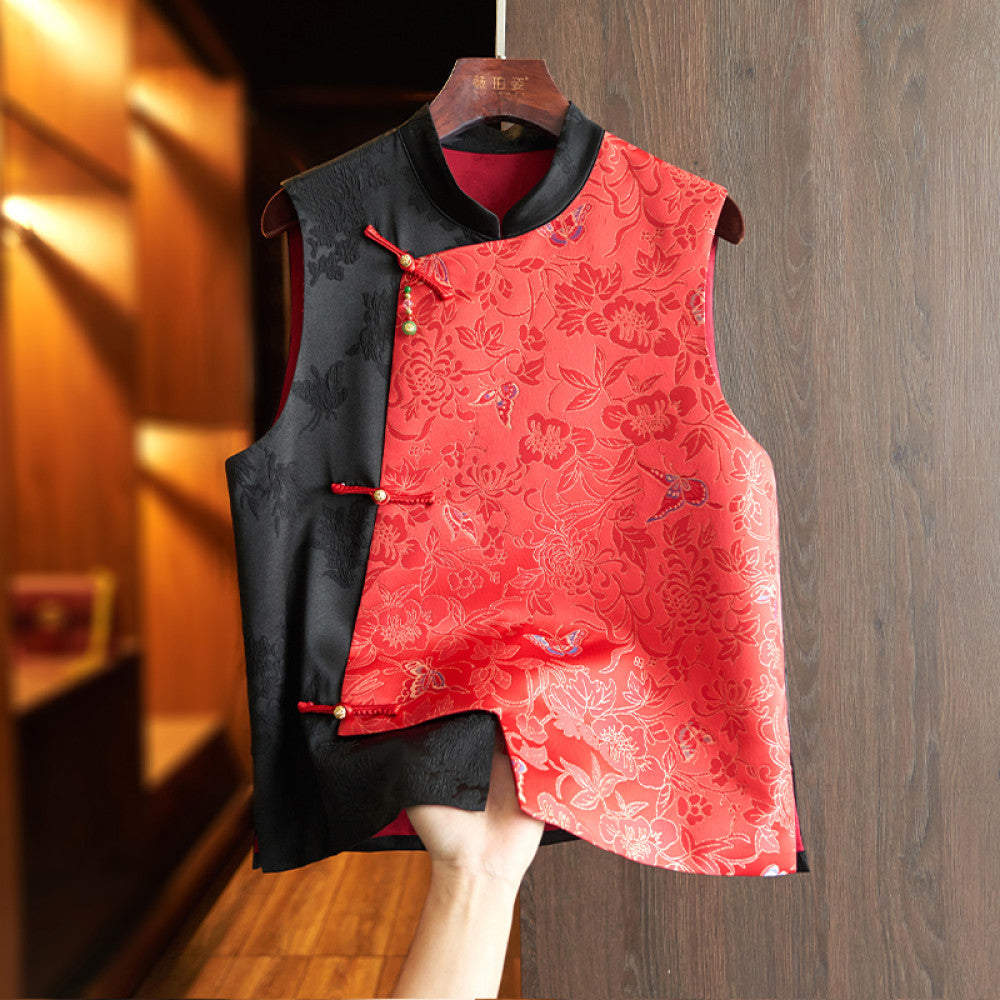Red high end silk new Chinese style vest vest women s retro national trend gold thread jacquard mulberry silk layered top image 17