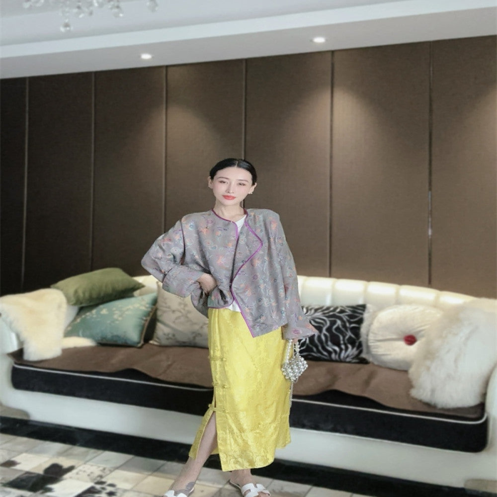 Yang Mi s same golden jacquard silk new Chinese style half skirt high waisted bag buckle with slit versatile mid length F3718 image 2