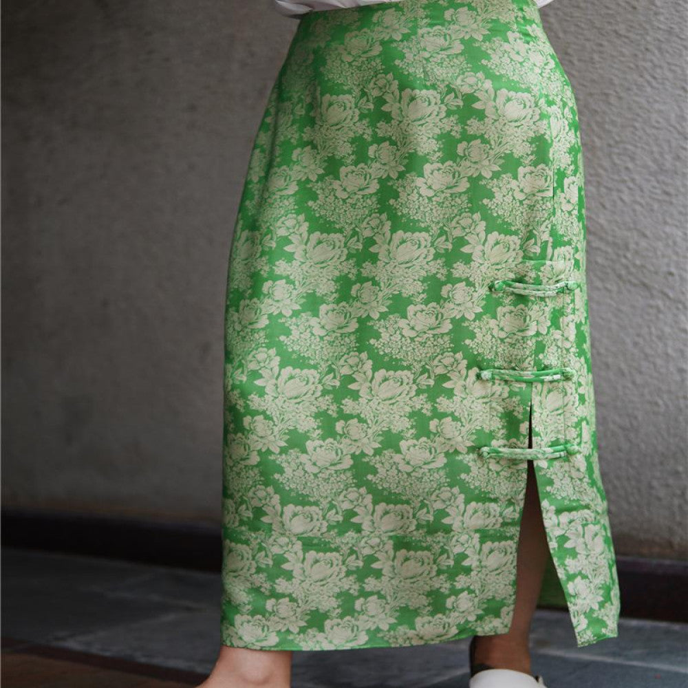 Yang Mi s same golden jacquard silk new Chinese style half skirt high waisted bag buckle with slit versatile mid length F3718 image 4