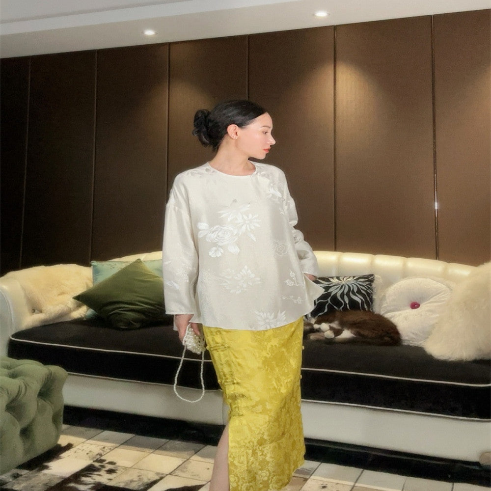 Yang Mi s same golden jacquard silk new Chinese style half skirt high waisted bag buckle with slit versatile mid length F3718 image 5