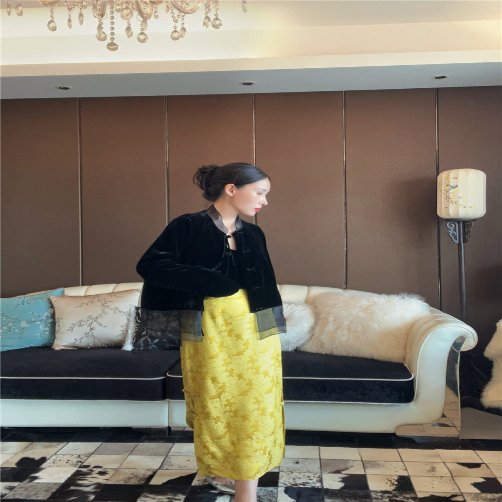 Yang Mi s same golden jacquard silk new Chinese style half skirt high waisted bag buckle with slit versatile mid length F3718 image 12