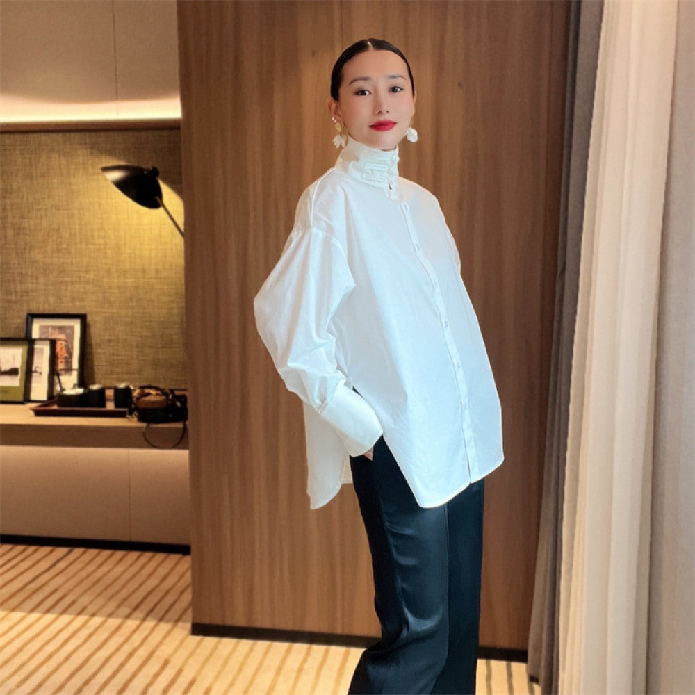 Chinese minimalist pure white cotton shirt women s buttoned stand up collar versatile loose curved high slit long sleeved top T2066 image 1