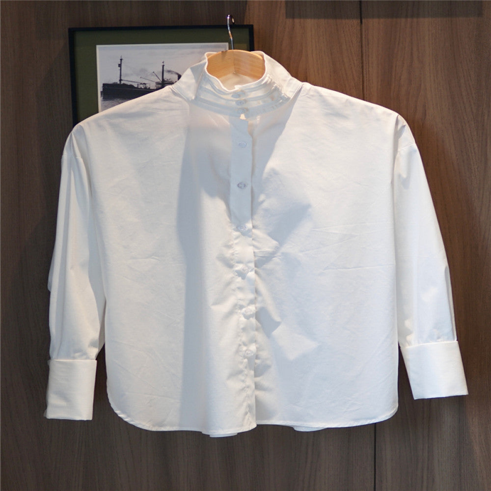 Chinese minimalist pure white cotton shirt women s buttoned stand up collar versatile loose curved high slit long sleeved top T2066 image 6