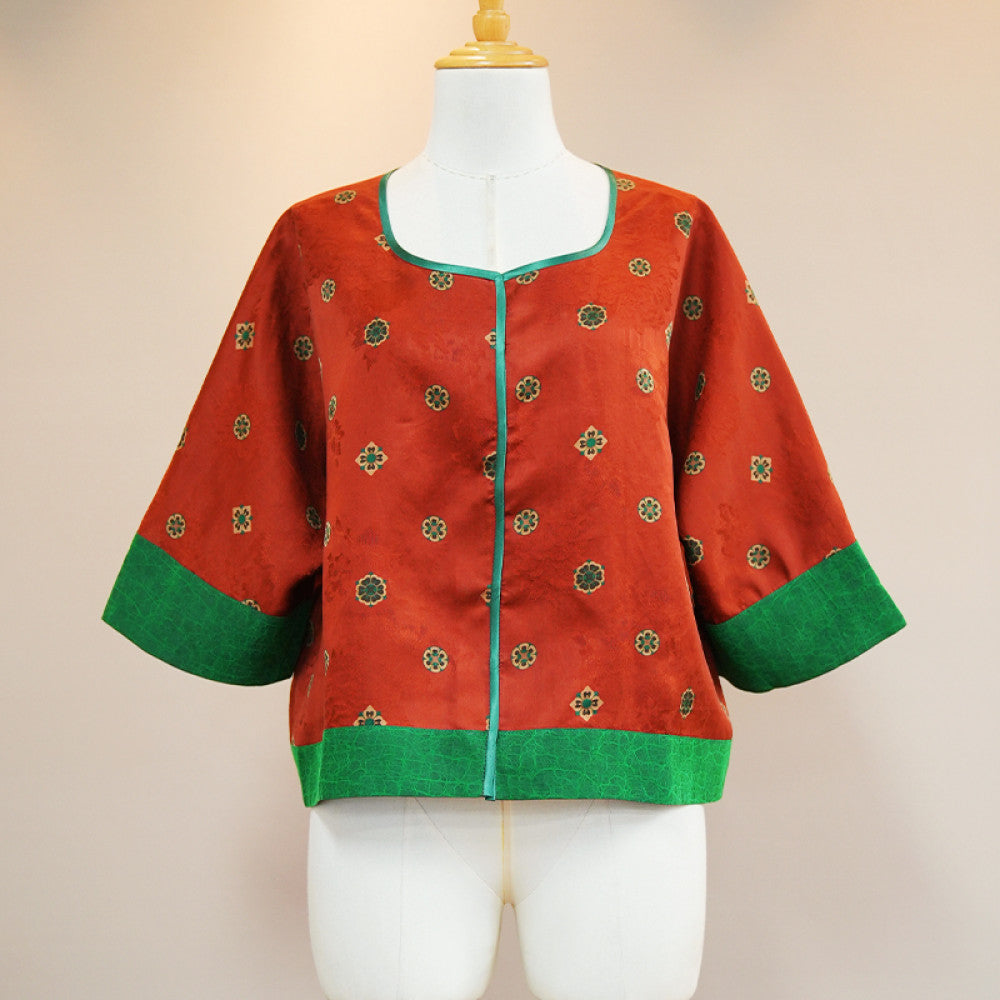 Yunjian Ziroom 100 Mulberry Silk Fragrant Cloud Yarn Jacquard Segment 35mm Orange Splicing Green Turtle Concealed Double breasted Top image 5