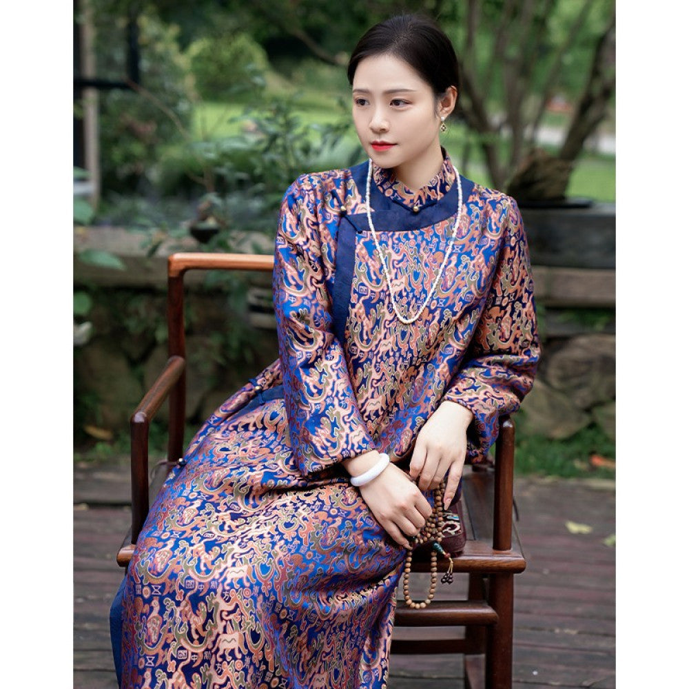Five Star Oriental Cheongsam Mulberry Silk Xiangyunsha Shujin Stand Collar Splicing Contrast Color Long Sleeve Mid Length Cheongsam image 16