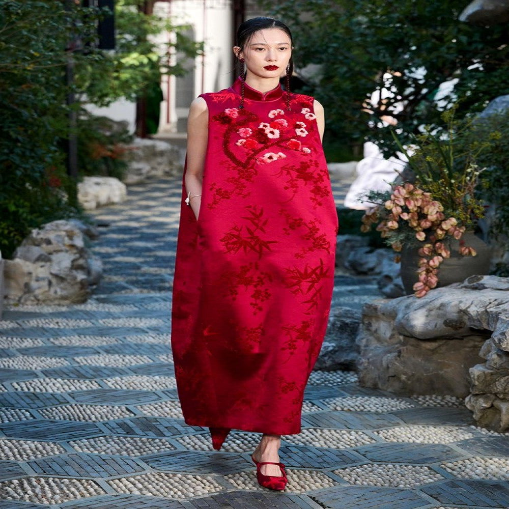 New Chinese style national style light luxury high end feeling born in the year of the zodiac China Red Heavy Industry jacquard embroidery improved cheongsam dress image 9