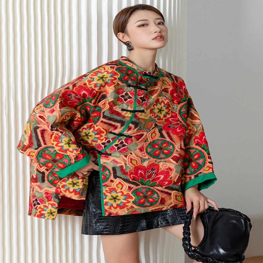 Wide version bat plus size Chinese printed thin cotton coat women s large flower plate button cotton coat loose Chinese style coat contrasting color splicing image 1