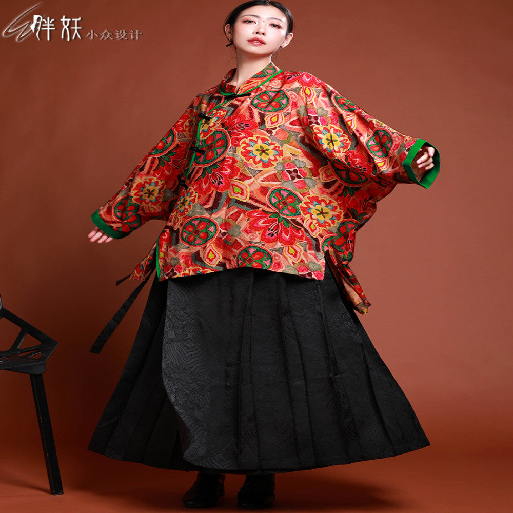 Wide version bat plus size Chinese printed thin cotton coat women s large flower plate button cotton coat loose Chinese style coat contrasting color splicing image 8