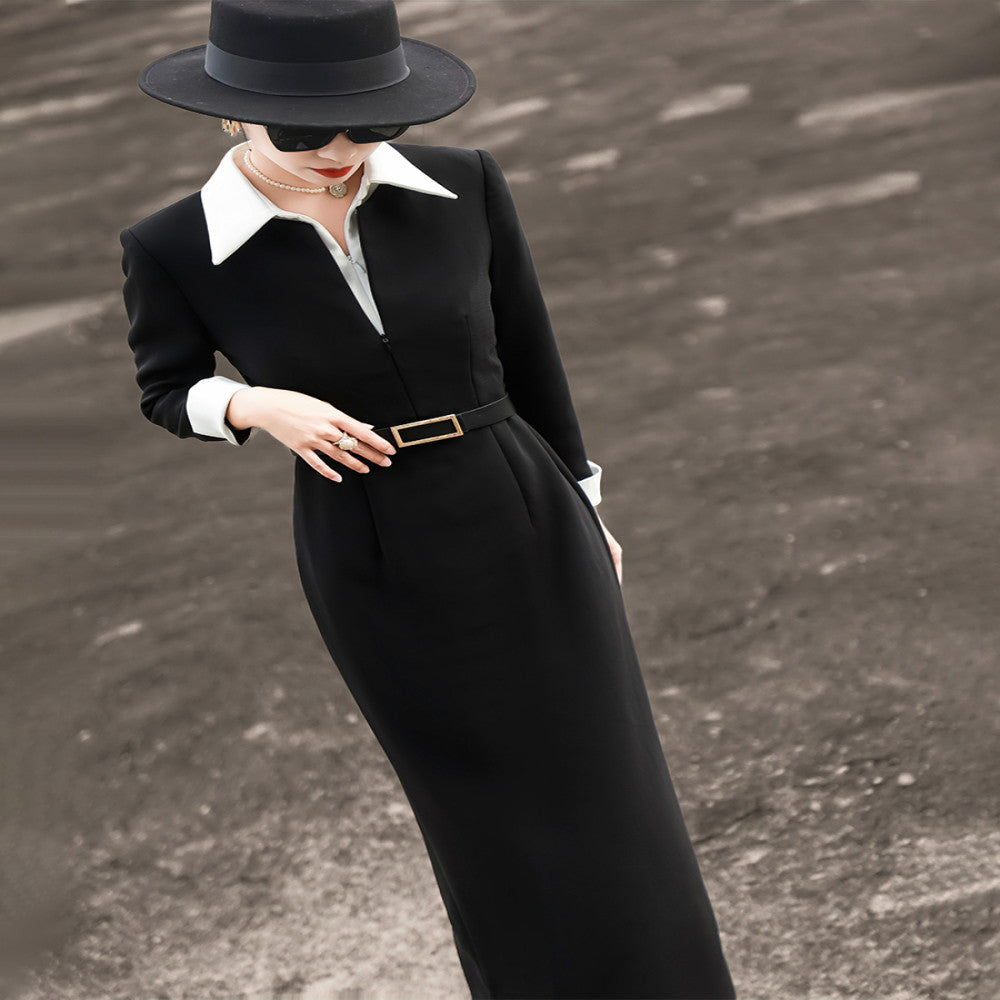 Lanser 2025 autumn new fashion commuter design sense medium and long contrast color shirt collar black suit skirt women image 4