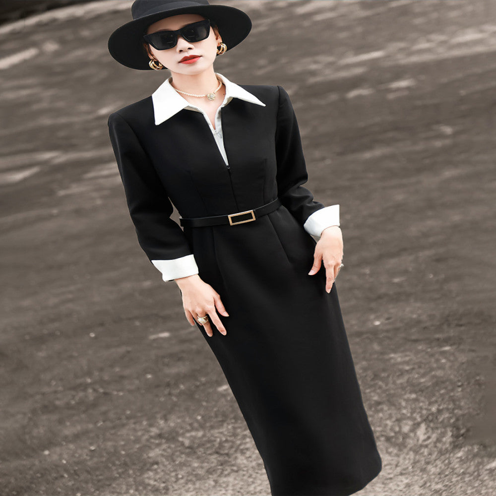 Lanser 2025 autumn new fashion commuter design sense medium and long contrast color shirt collar black suit skirt women image 13