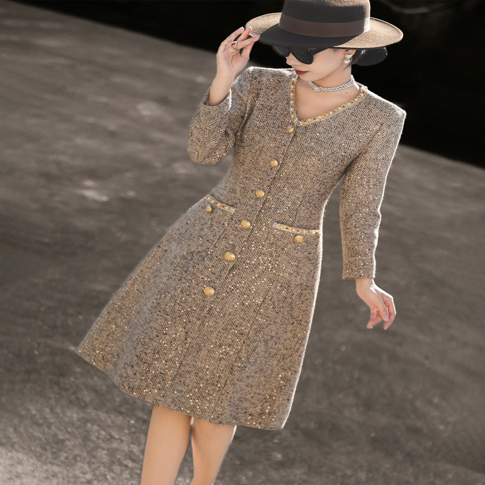 Lanser 2025 autumn new style temperament lady Xiao Xiang style heavy beaded V neck sequined tweed dress image 10