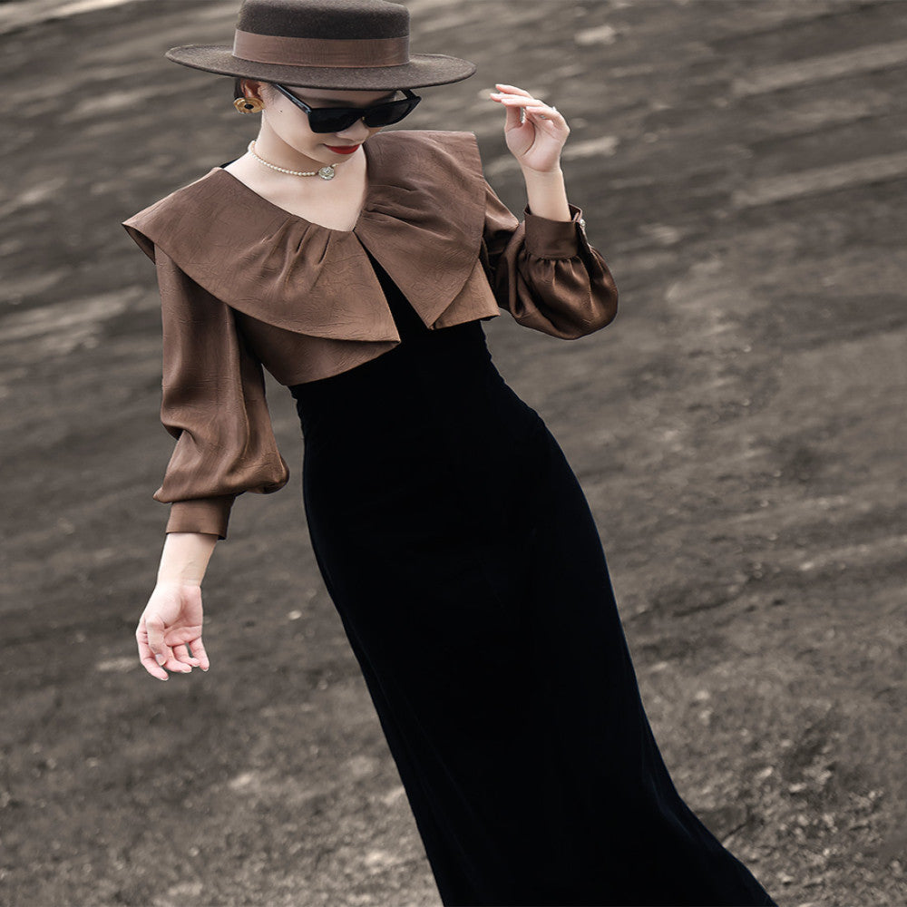 Lanser 2025 autumn new elegant false two piece stitching long sleeved doll collar black velvet dress image 7