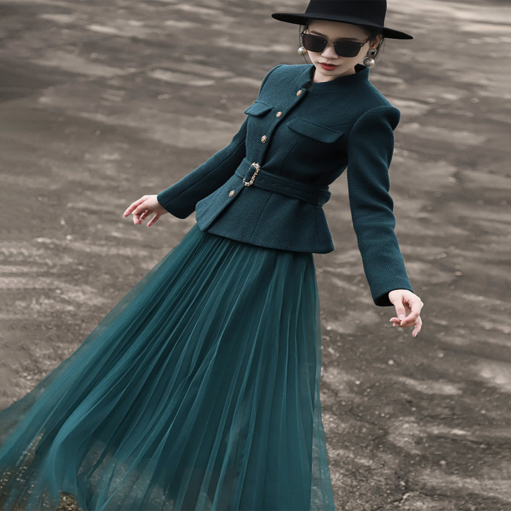 Lanser 2025 Autumn Winter New Style Woolen Short Coat Mesh Half Skirt Two piece Fashion Set Skirt image 2