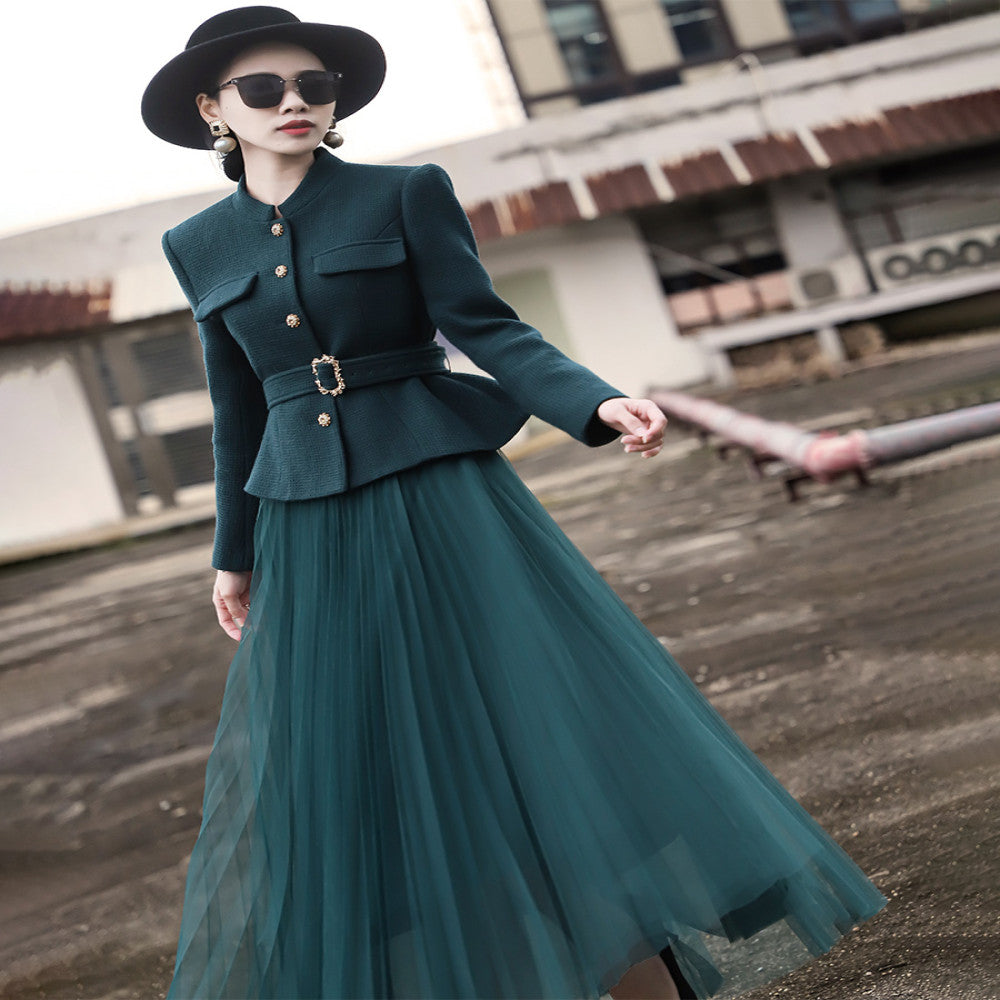 Lanser 2025 Autumn Winter New Style Woolen Short Coat Mesh Half Skirt Two piece Fashion Set Skirt image 3