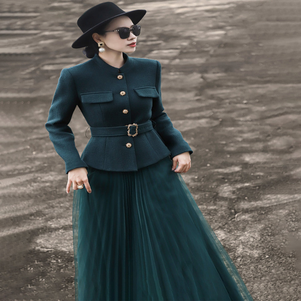 Lanser 2025 Autumn Winter New Style Woolen Short Coat Mesh Half Skirt Two piece Fashion Set Skirt image 5