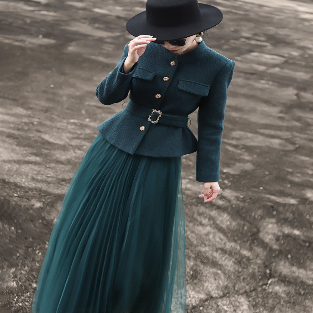 Lanser 2025 Autumn Winter New Style Woolen Short Coat Mesh Half Skirt Two piece Fashion Set Skirt image 0