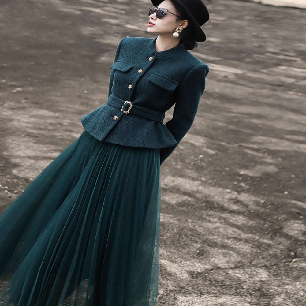 Lanser 2025 Autumn Winter New Style Woolen Short Coat Mesh Half Skirt Two piece Fashion Set Skirt image 6