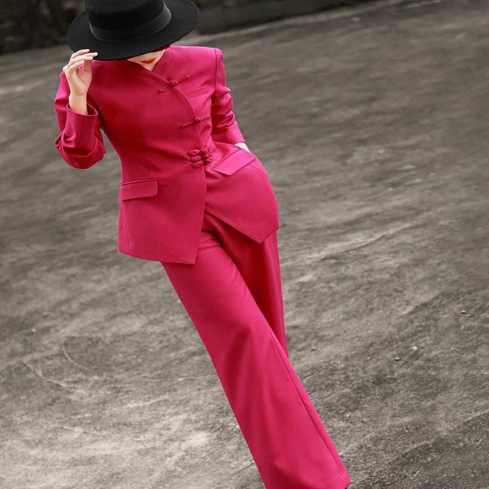 Lanser 2025 autumn new style temperament new Chinese style stand collar buckle suit jacket high waisted slightly flared pants two piece set image 1