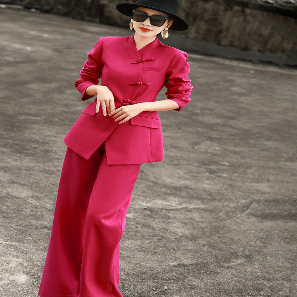Lanser 2025 autumn new style temperament new Chinese style stand collar buckle suit jacket high waisted slightly flared pants two piece set image 2