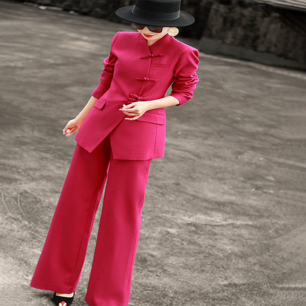 Lanser 2025 autumn new style temperament new Chinese style stand collar buckle suit jacket high waisted slightly flared pants two piece set image 3
