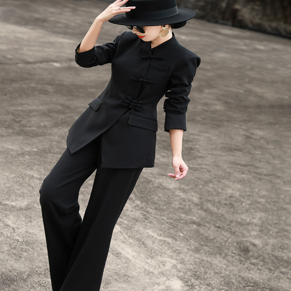 Lanser 2025 autumn new style temperament new Chinese style stand collar buckle suit jacket high waisted slightly flared pants two piece set image 5