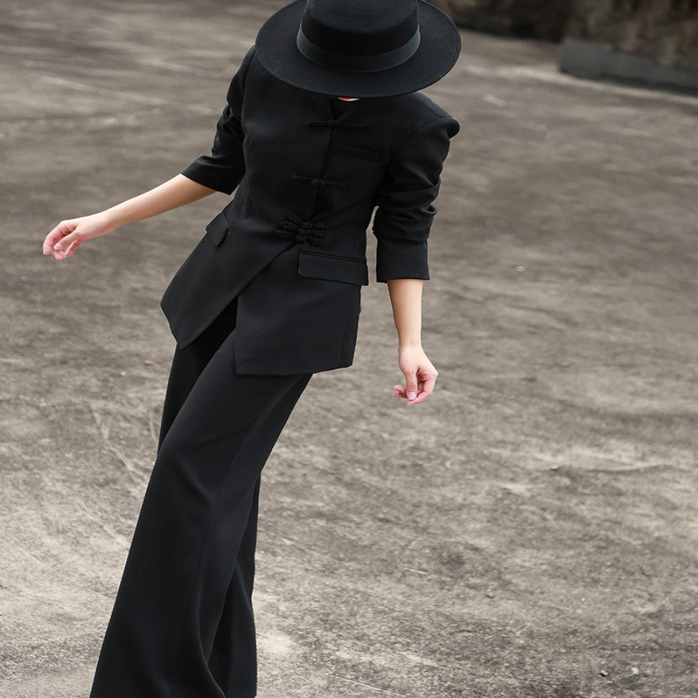 Lanser 2025 autumn new style temperament new Chinese style stand collar buckle suit jacket high waisted slightly flared pants two piece set image 18